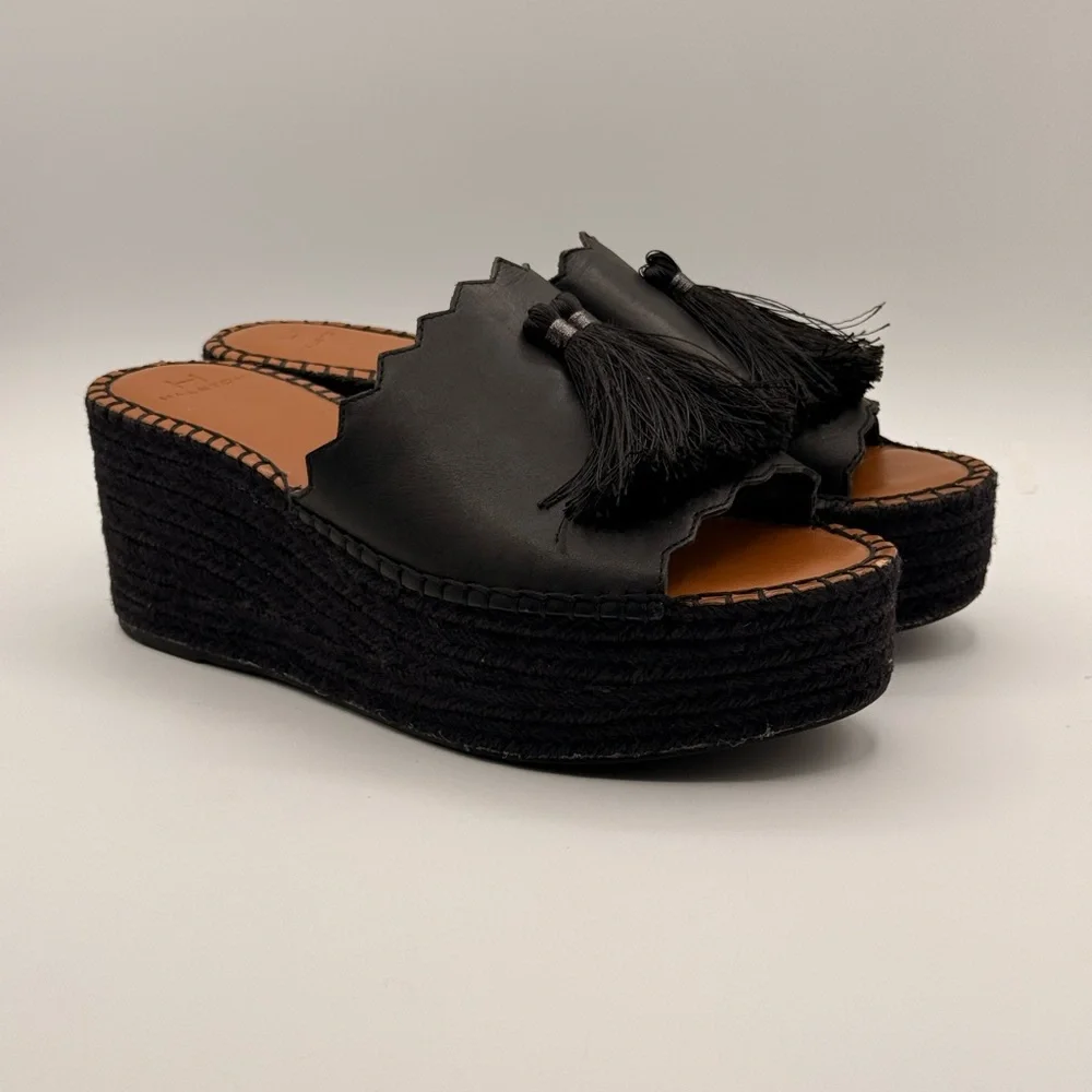 H by Halston Chic Black Tassel Espadrille Slides Scalloped Leather Wedge Sandals